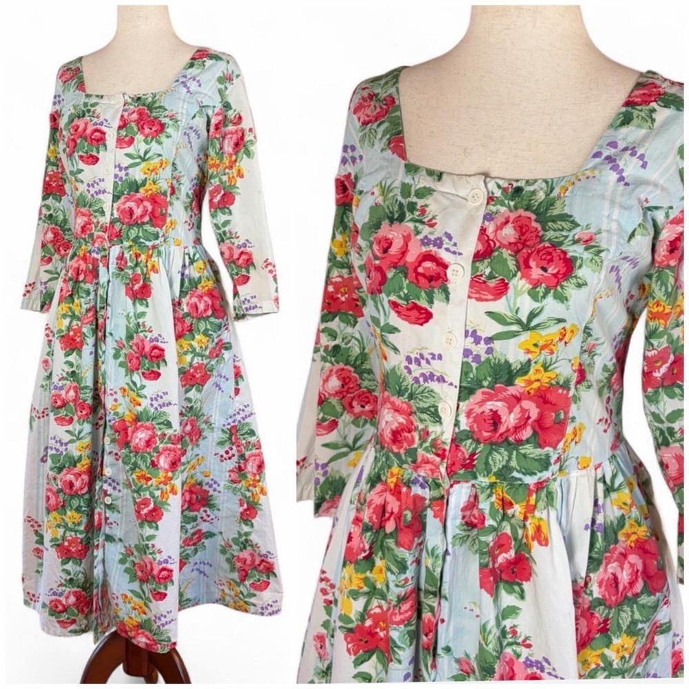 Vintage 80s Starina Floral Cotton Midi Dress. Size Medium